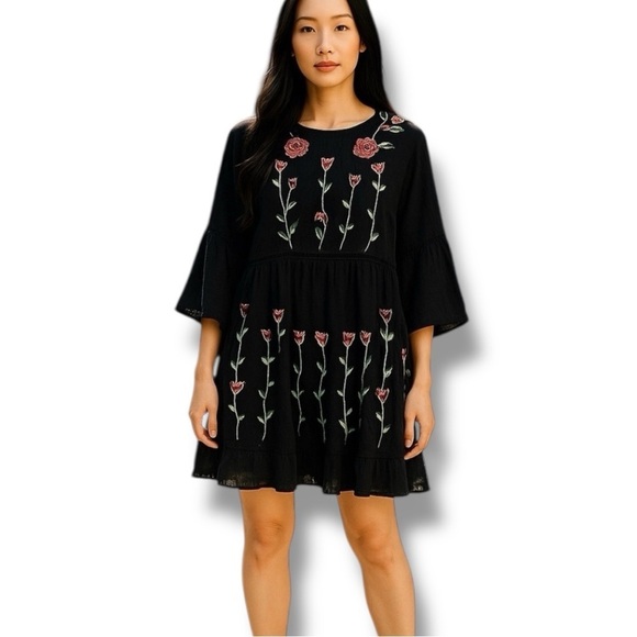 Black Embroidered Tunic Floral Dress, Rayon, Bell Sleeves Keyhole Back Size XXL - Picture 8 of 11